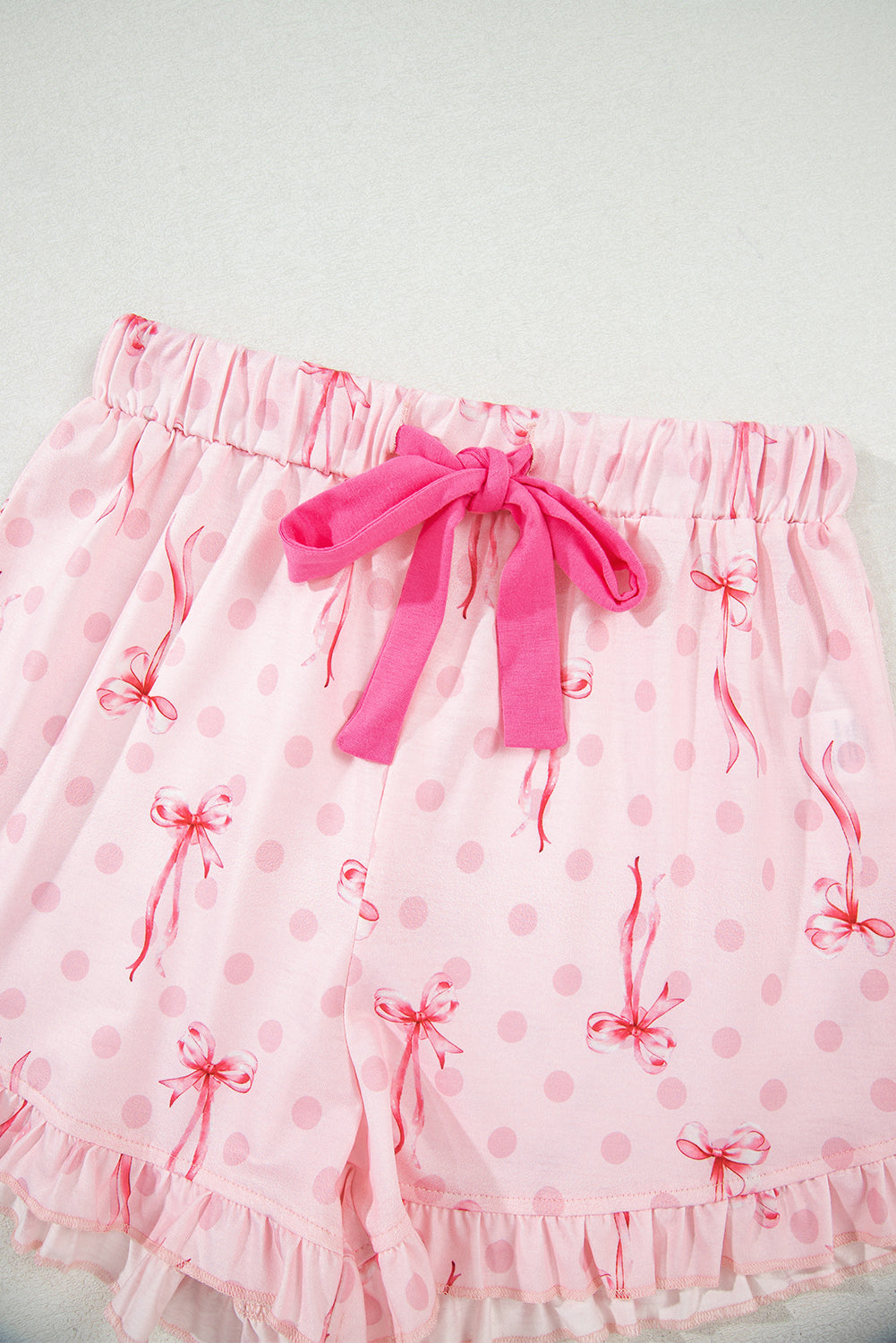 Pink Bow Print Contrast Piping Short Pajama Set