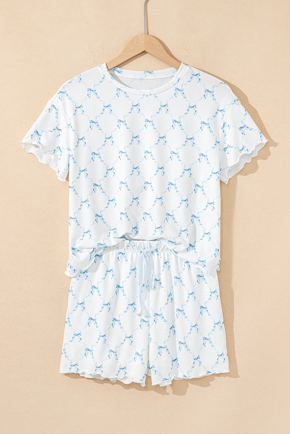 Sky Blue Bow Knot Geometric Print Lettuce Trim 2-Piece Lounge Set