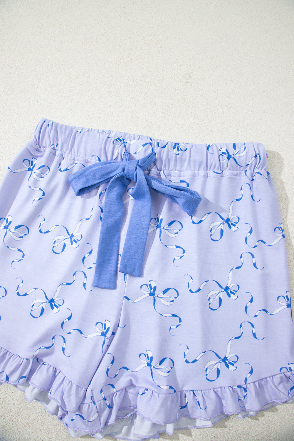Sky Blue Bow Print Ruffled Short Lounge Set