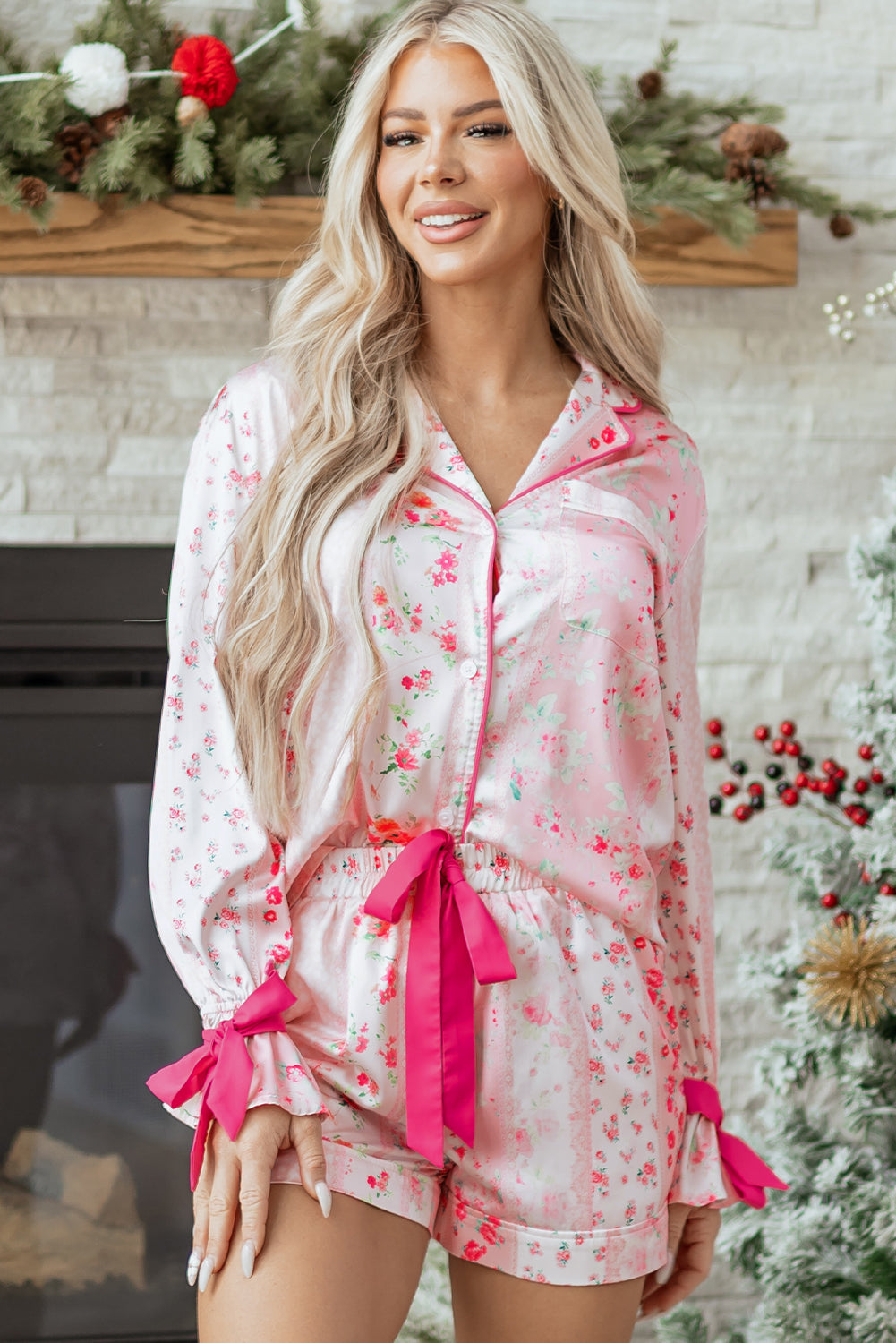 Pink Mixed Floral Print Contrast Piping Satin Tie 2-Piece Pajama Set