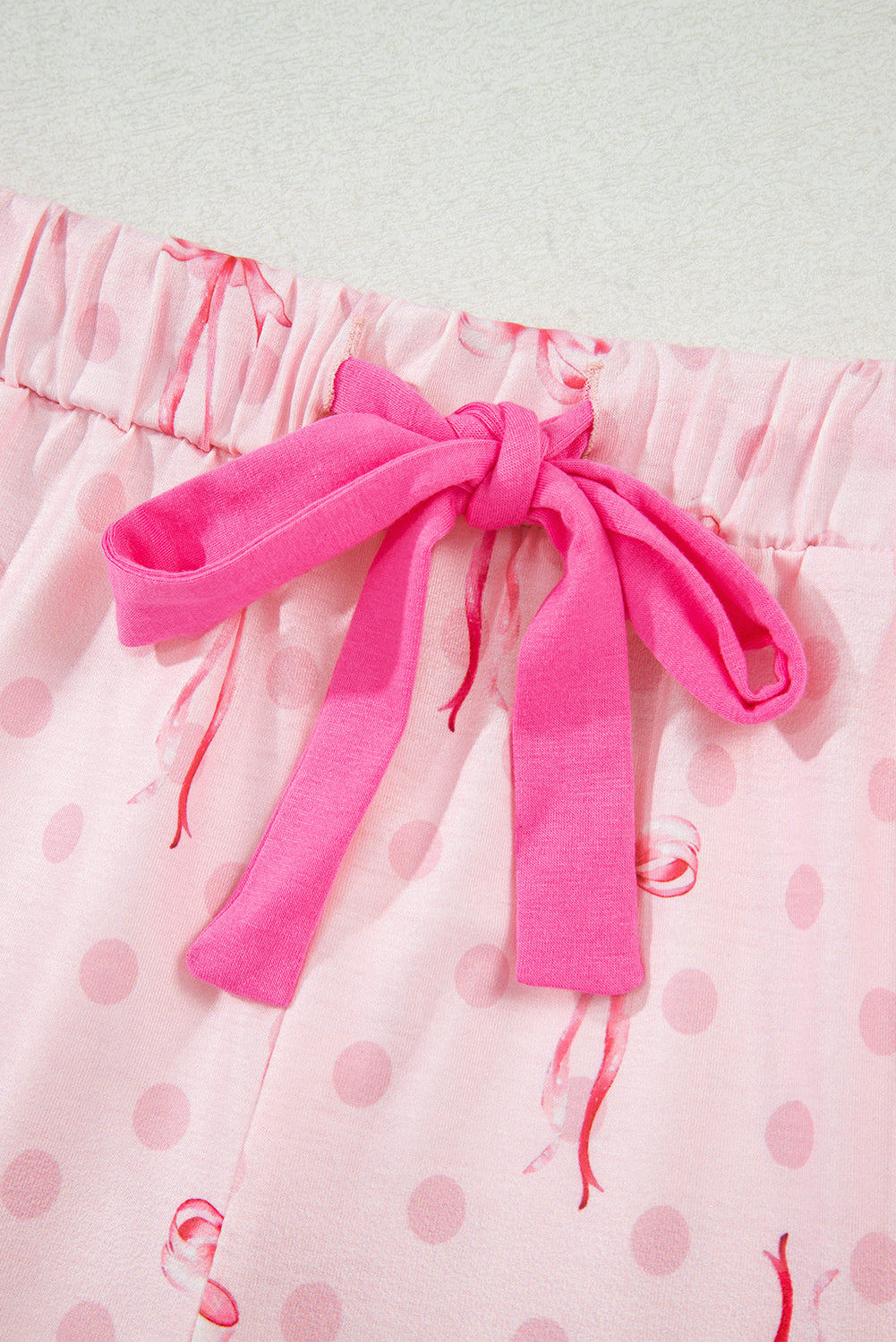 Pink Bow Print Contrast Piping Short Pajama Set