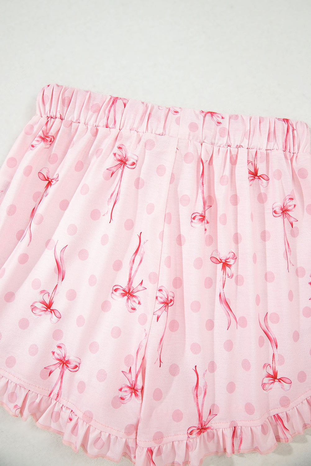 Pink Bow Print Contrast Piping Short Pajama Set