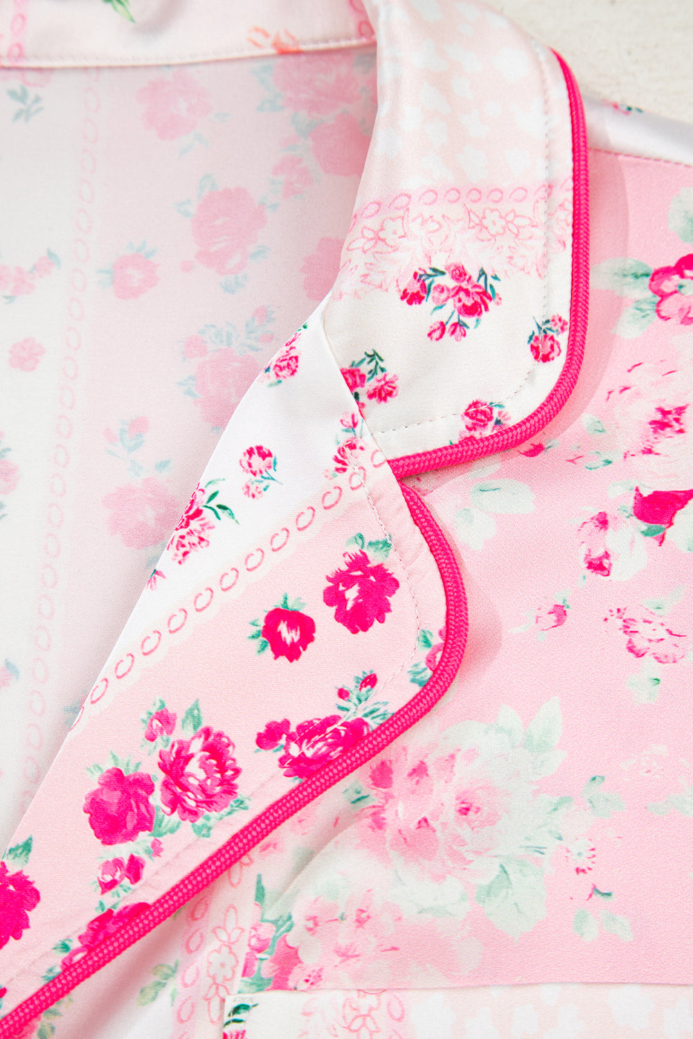 Pink Mixed Floral Print Contrast Piping Satin Tie 2-Piece Pajama Set