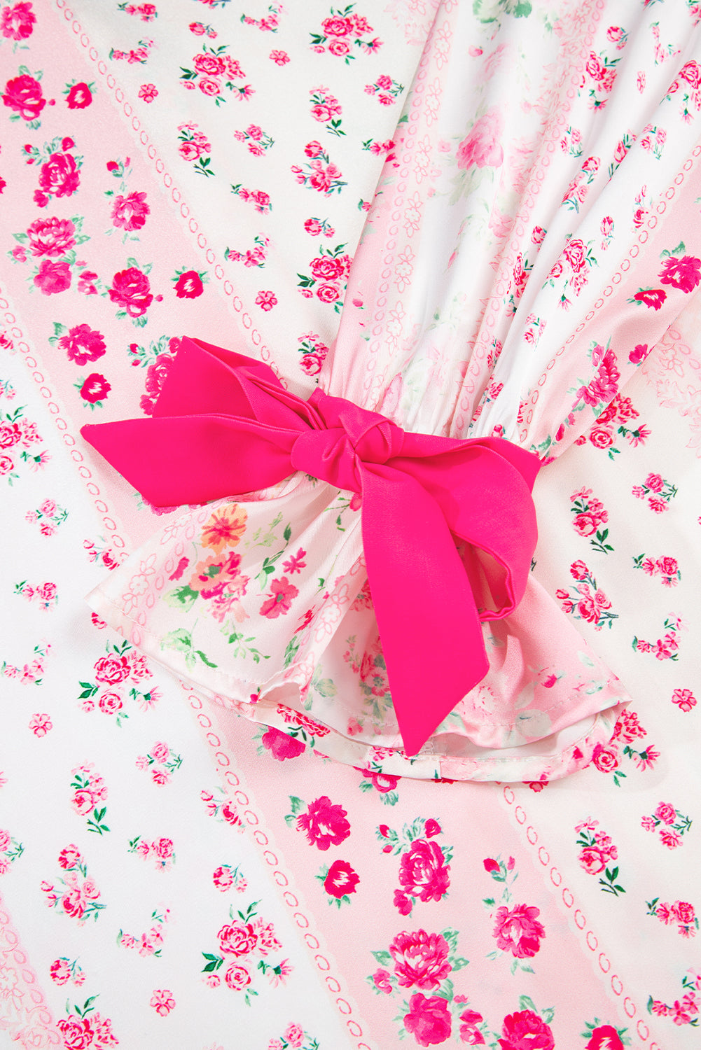 Pink Mixed Floral Print Contrast Piping Satin Tie 2-Piece Pajama Set