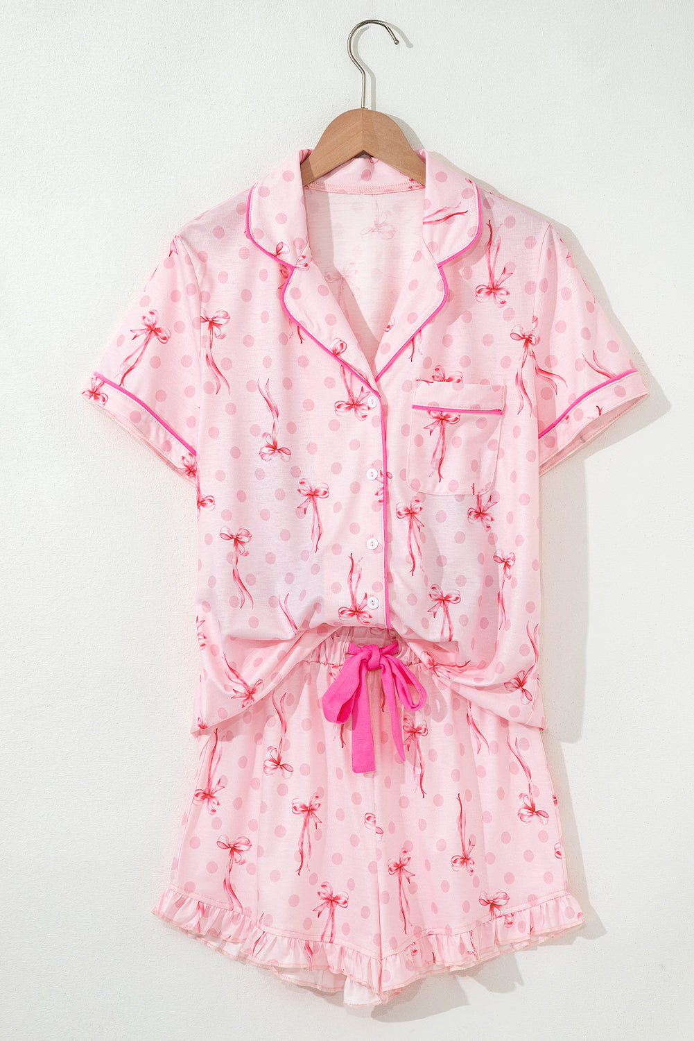 Pink Bow Print Contrast Piping Short Pajama Set
