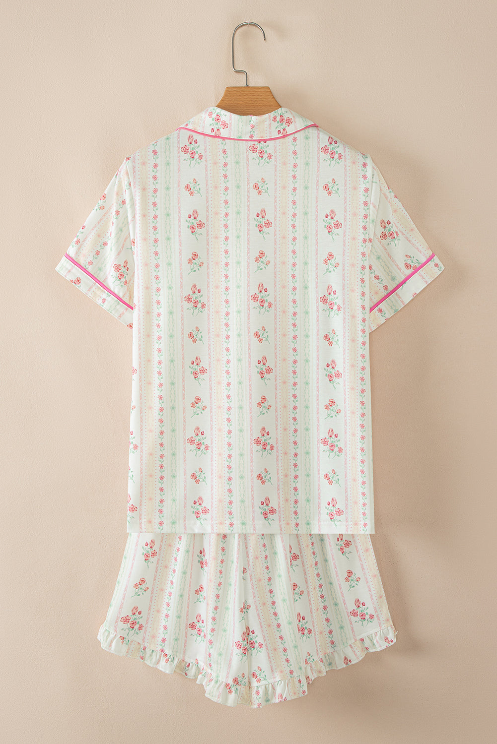 Beige Floral Print Contrast Piping Short Pajama Set