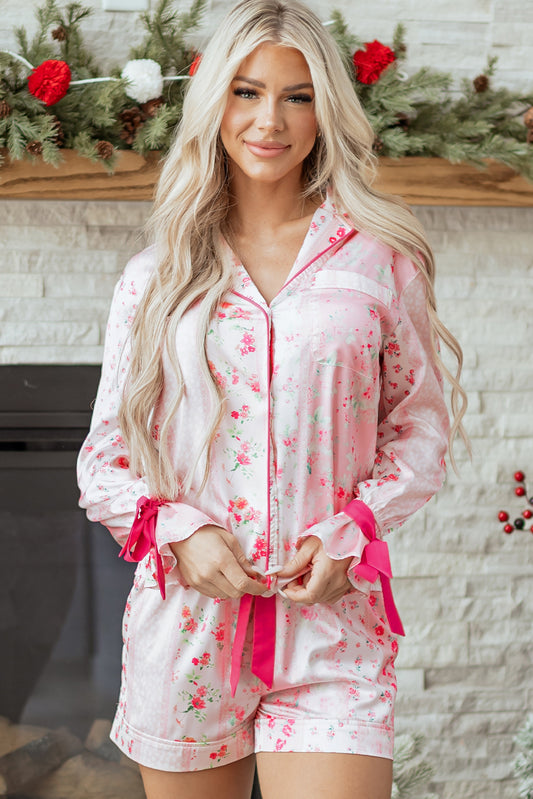 Pink Mixed Floral Print Contrast Piping Satin Tie 2-Piece Pajama Set