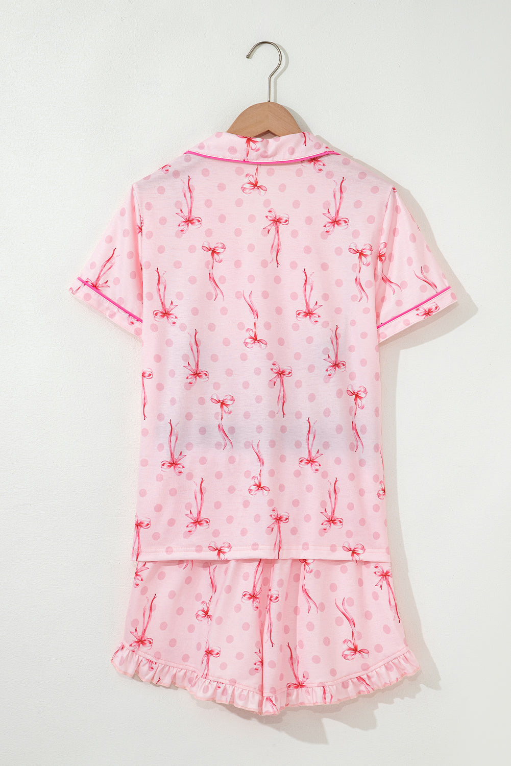 Pink Bow Print Contrast Piping Short Pajama Set
