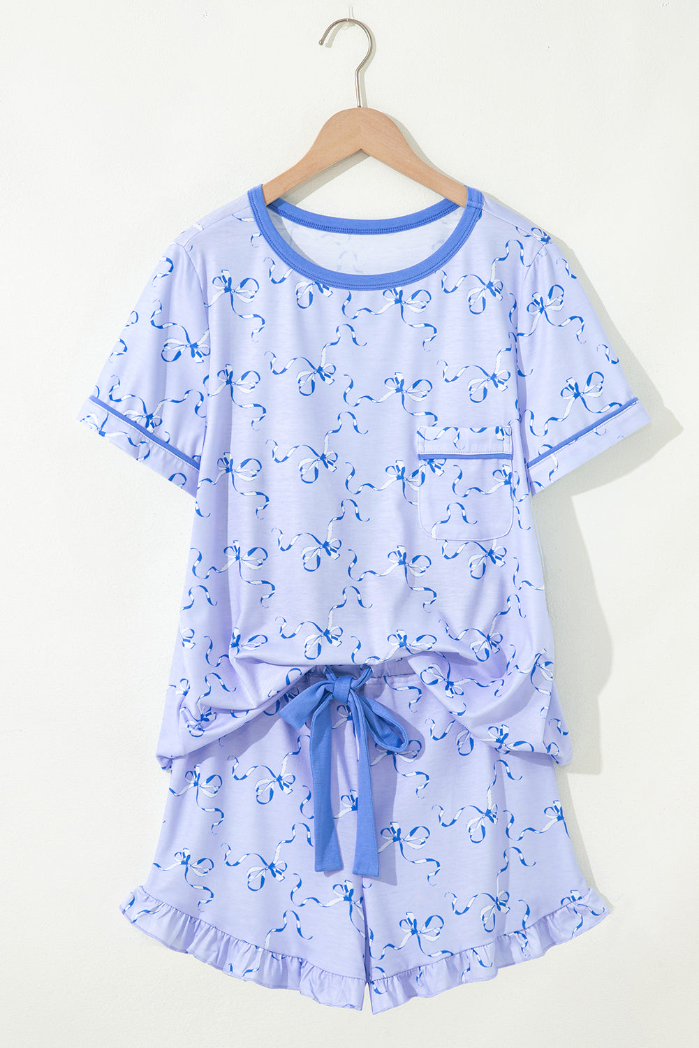 Sky Blue Bow Print Ruffled Short Lounge Set