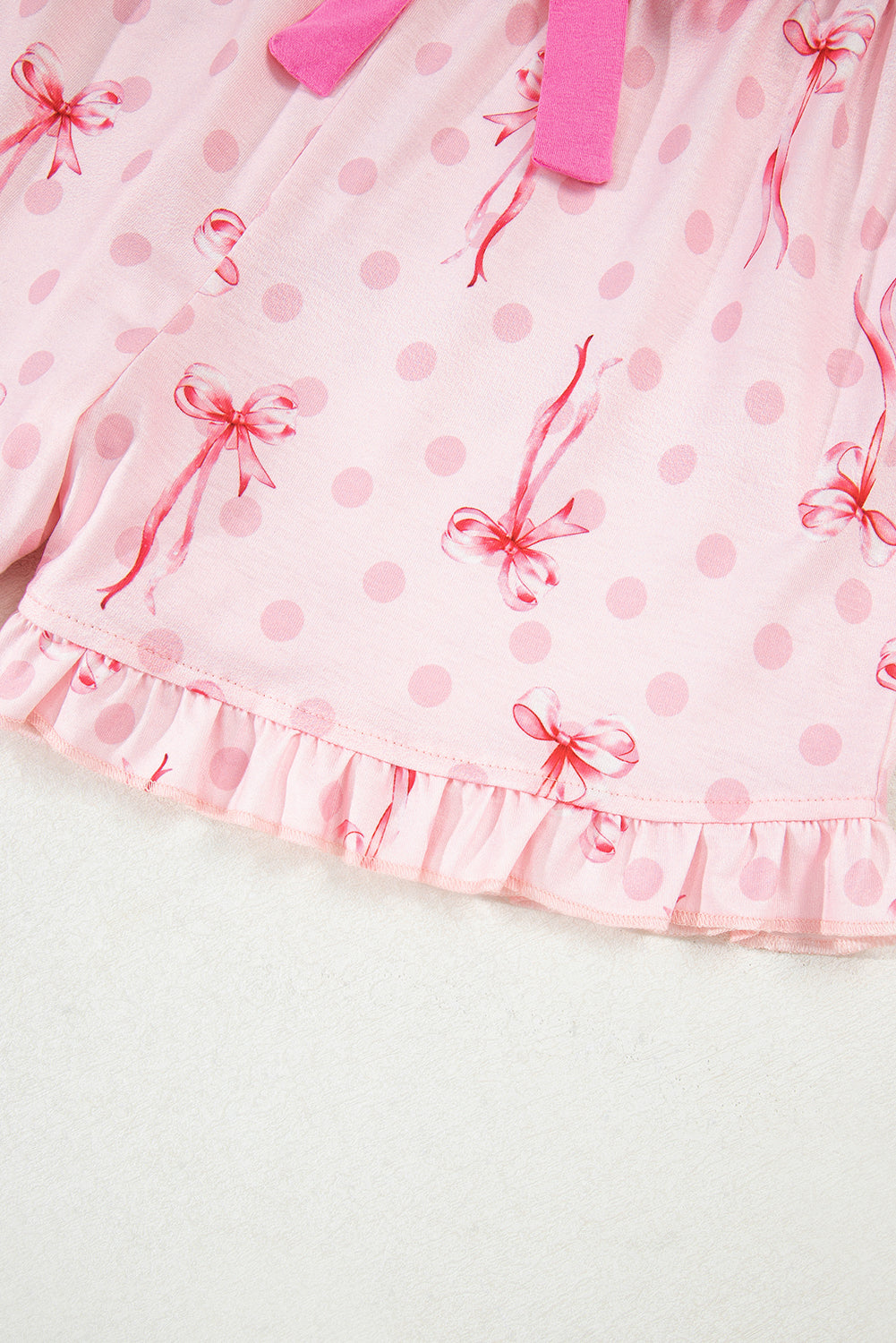 Pink Bow Print Contrast Piping Short Pajama Set
