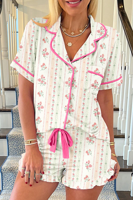 Beige Floral Print Contrast Piping Short Pajama Set